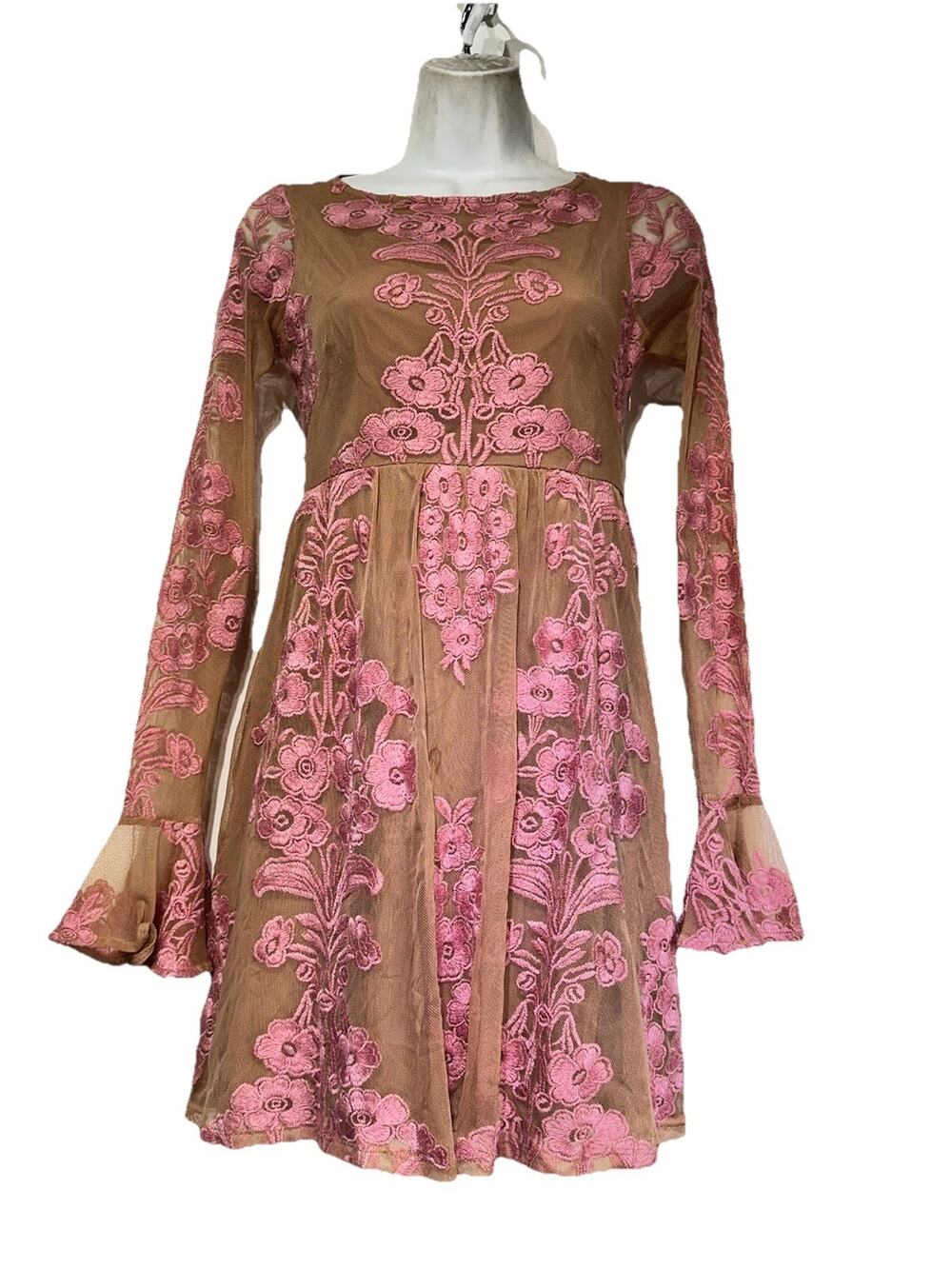 For Love & Lemons Size XS Temecula Mesh Mini Dress Pink Embroidery